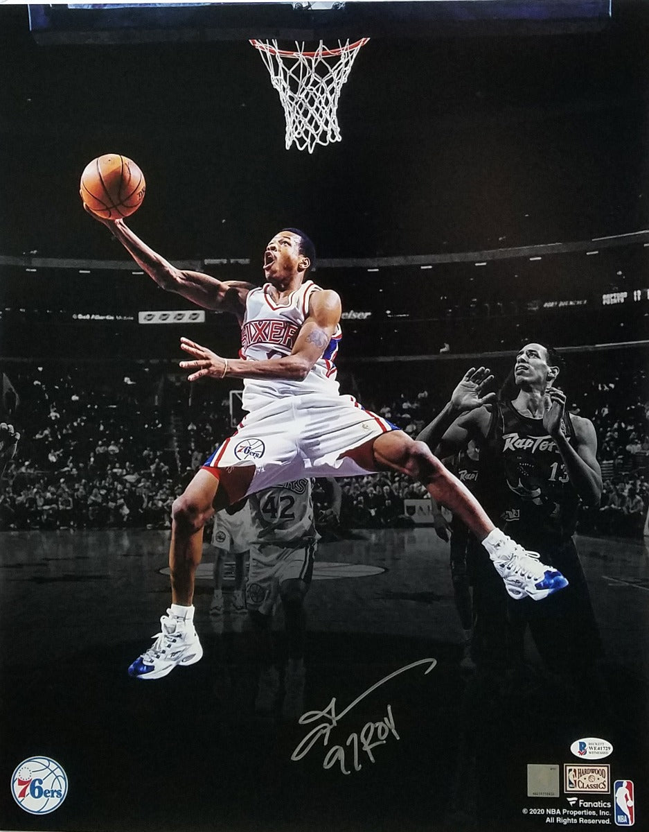 Allen Iverson Autographed Philadelphia 76ers Spotlight 16x20 Photo W/ 97 ROY Beckett Witnessed-Powers Sports Memorabilia