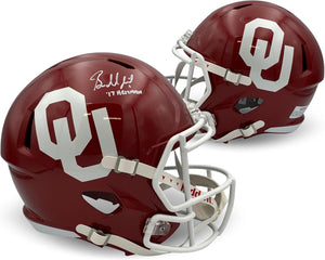 Baker Mayfield Autographed Oklahoma Sooners Signed Football Full Sized Replica Helmet Beckett COA HEISMAN TROPHY 2017-Powers Sports Memorabilia