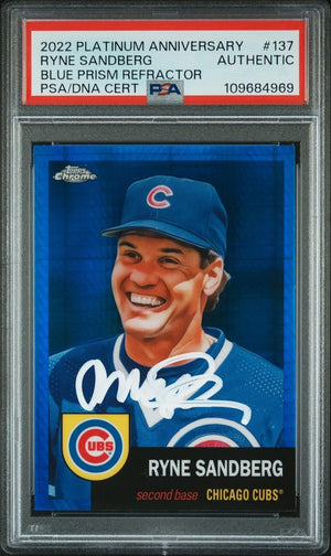 Ryne Sandberg 2022 Topps Chrome Blue Prism Refractor Signed Baseball Card #137 Auto PSA-Powers Sports Memorabilia
