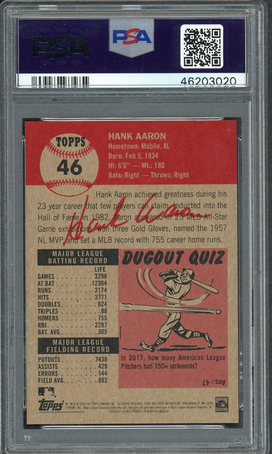 Hank Aaron Milwaukee Braves 2018 Topps Living Baseball Card #46 Graded PSA 10 GEM MINT-Powers Sports Memorabilia