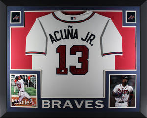 Ronald Acuna Jr Autographed Atlanta Braves Signed Nike Baseball Framed Jersey 2023 NL MVP 40/70 Beckett COA-Powers Sports Memorabilia