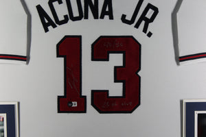 Ronald Acuna Jr Autographed Atlanta Braves Signed Nike Baseball Framed Jersey 2023 NL MVP 40/70 Beckett COA-Powers Sports Memorabilia