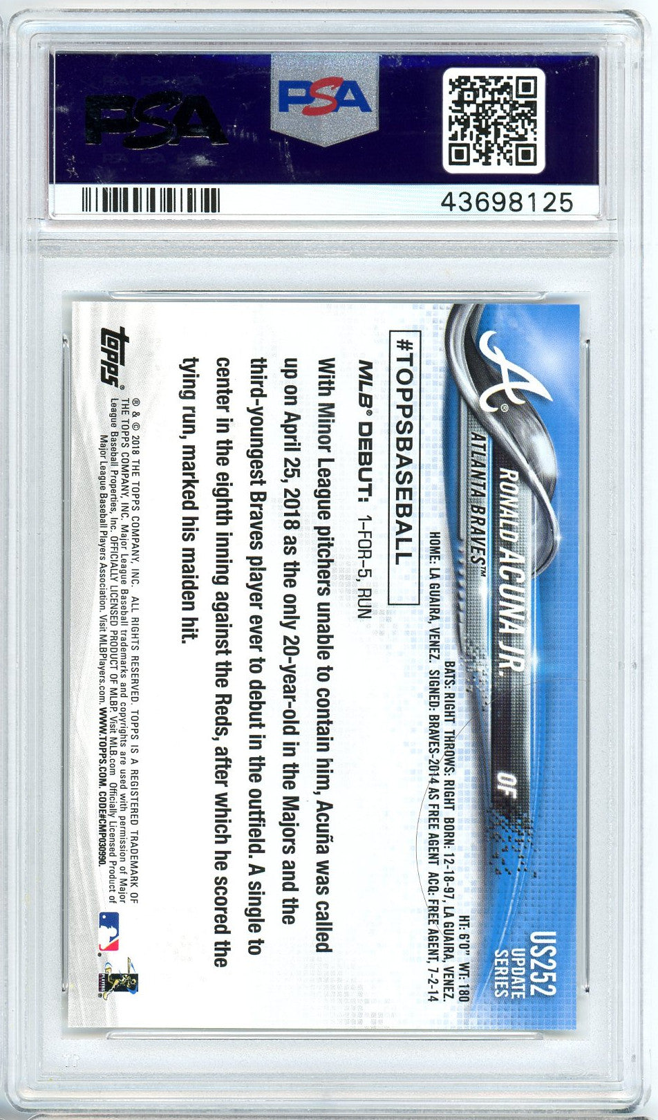 Ronald Acuna Jr MLB 2018 Topps Update Baseball Rookie Card RC #US252 Graded PSA 10 GEM MINT-Powers Sports Memorabilia