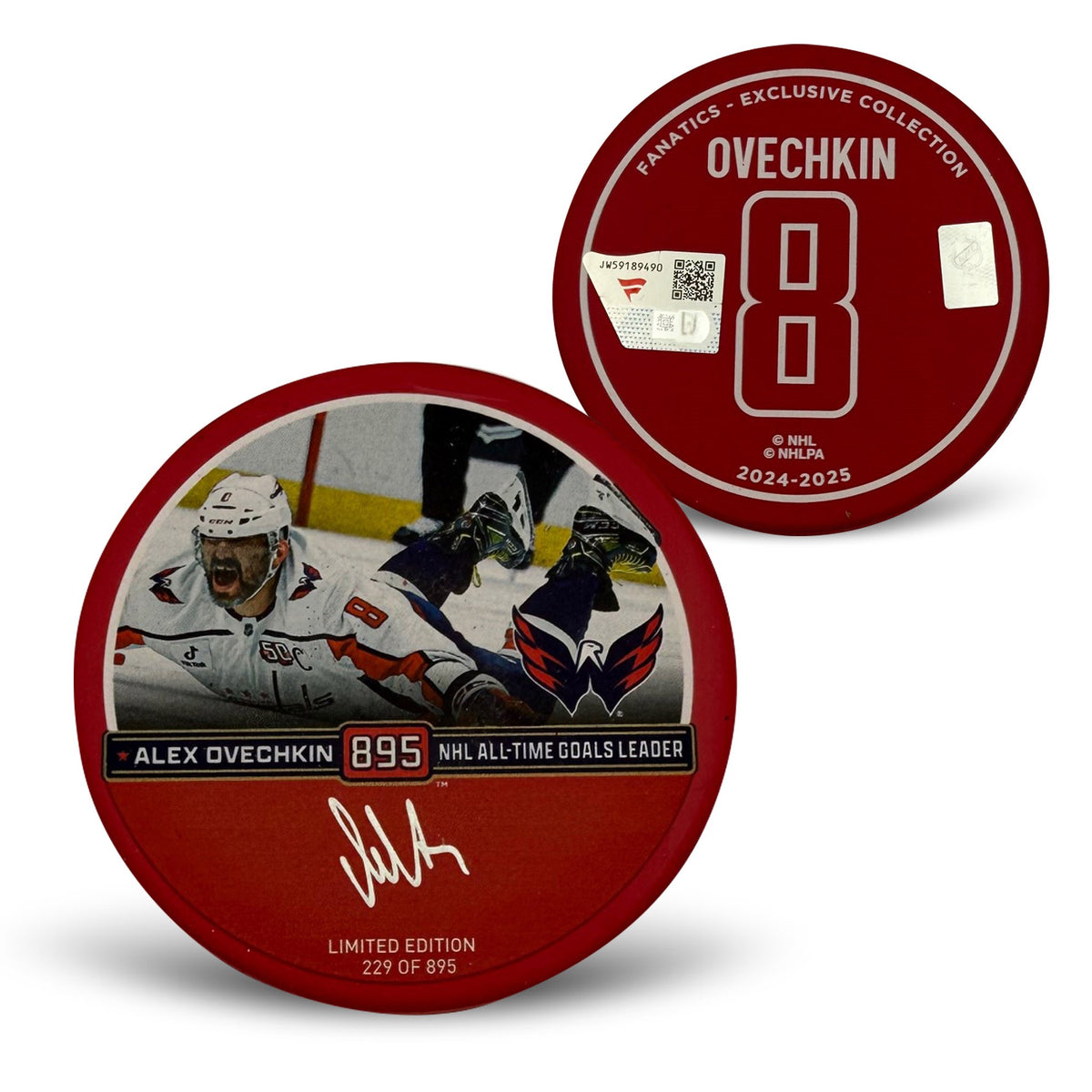 Alexander Ovechkin Autographed Washington Capitals Signed Hockey Puck 895 Goal Breaks Wayne Gretzky&#39;s NHL Scoring Record Fanatics Authentic COA-Powers Sports Memorabilia