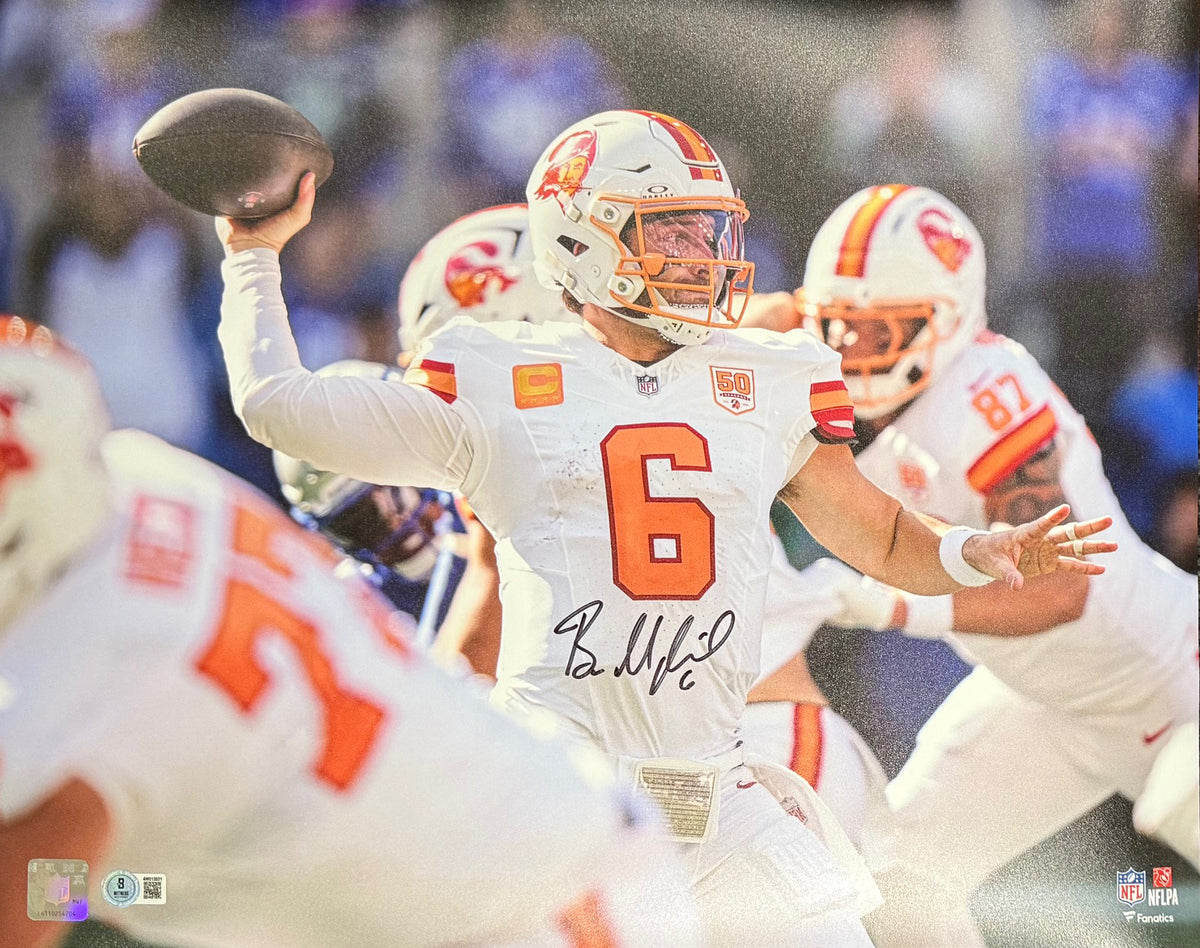 Baker Mayfield Autographed Tampa Bay Buccaneers Signed Football 16x20 Photo Beckett COA-Powers Sports Memorabilia