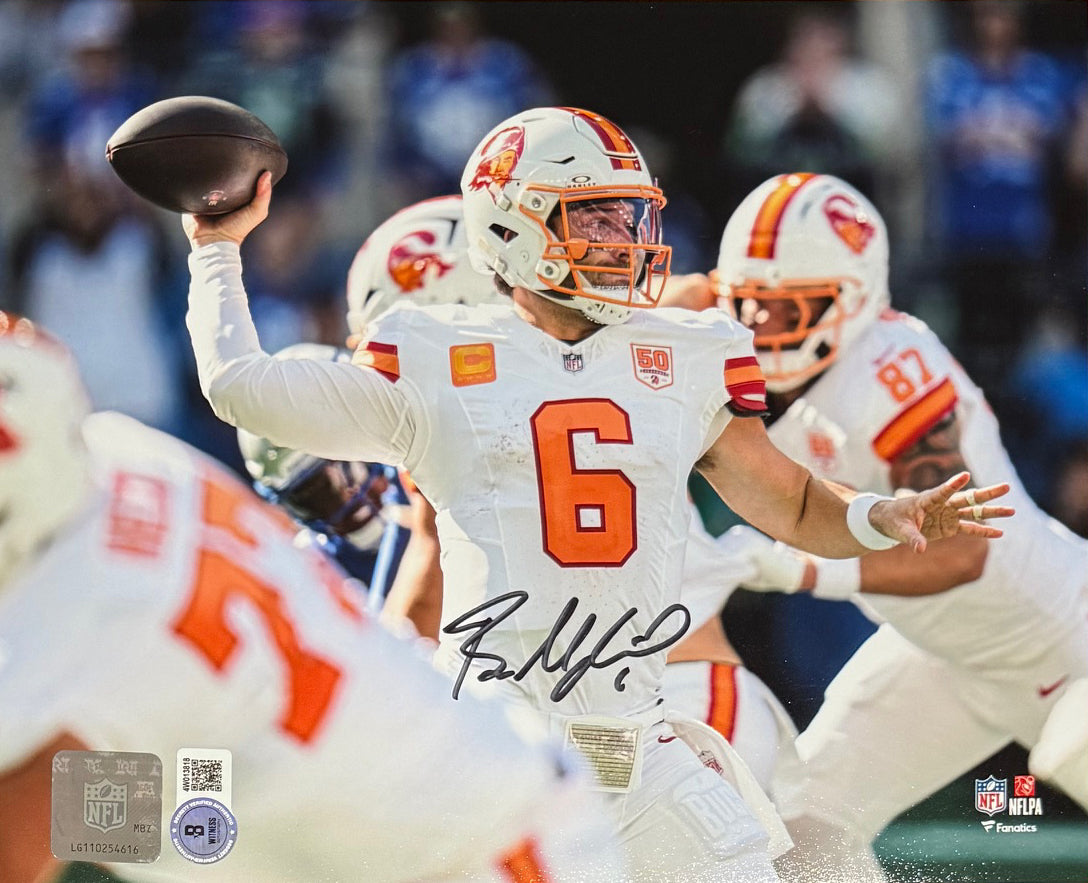 Baker Mayfield Autographed Tampa Bay Buccaneers Signed Football 8x10 Photo Beckett COA-Powers Sports Memorabilia