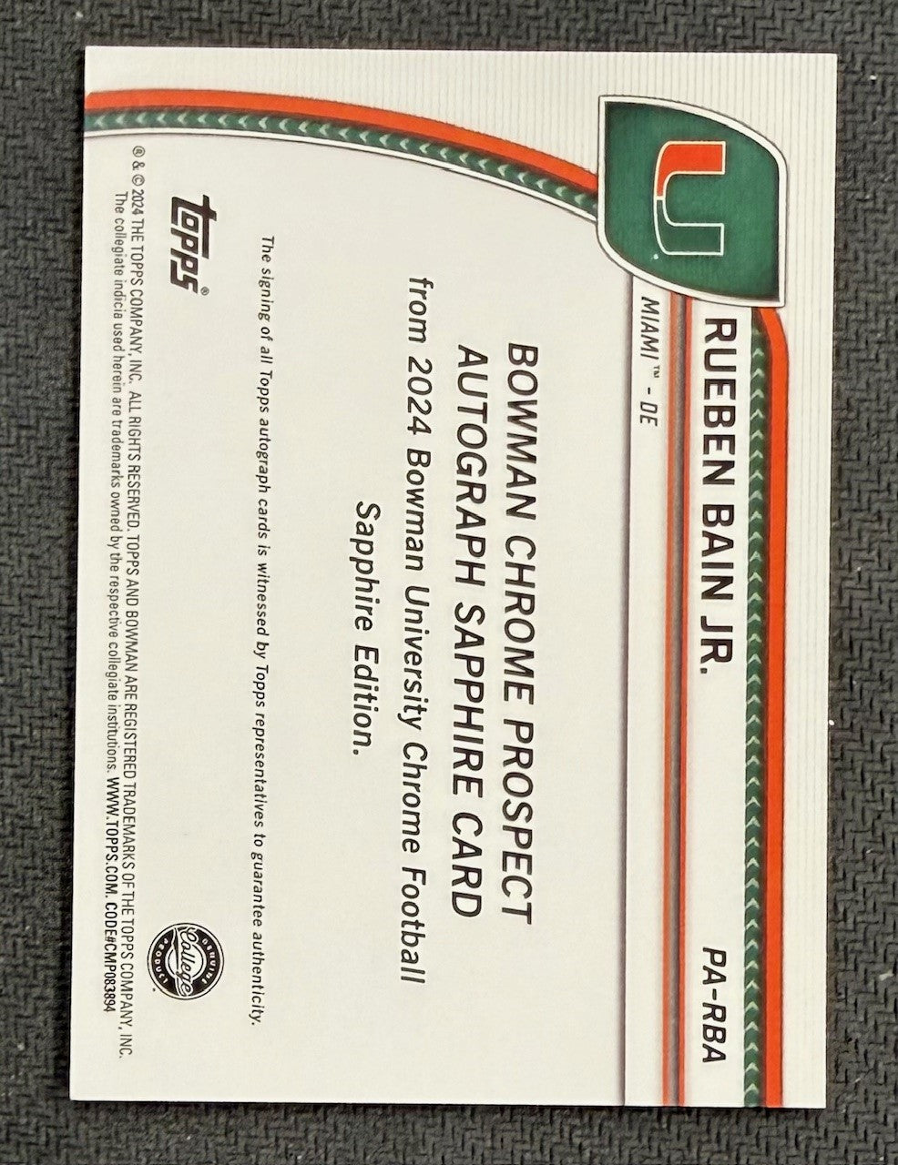 Rueben Bain Jr. 2024 Bowman Chrome U Sapphire 1st Prospect Signed Football Rookie Card PA-RBA Auto-Powers Sports Memorabilia