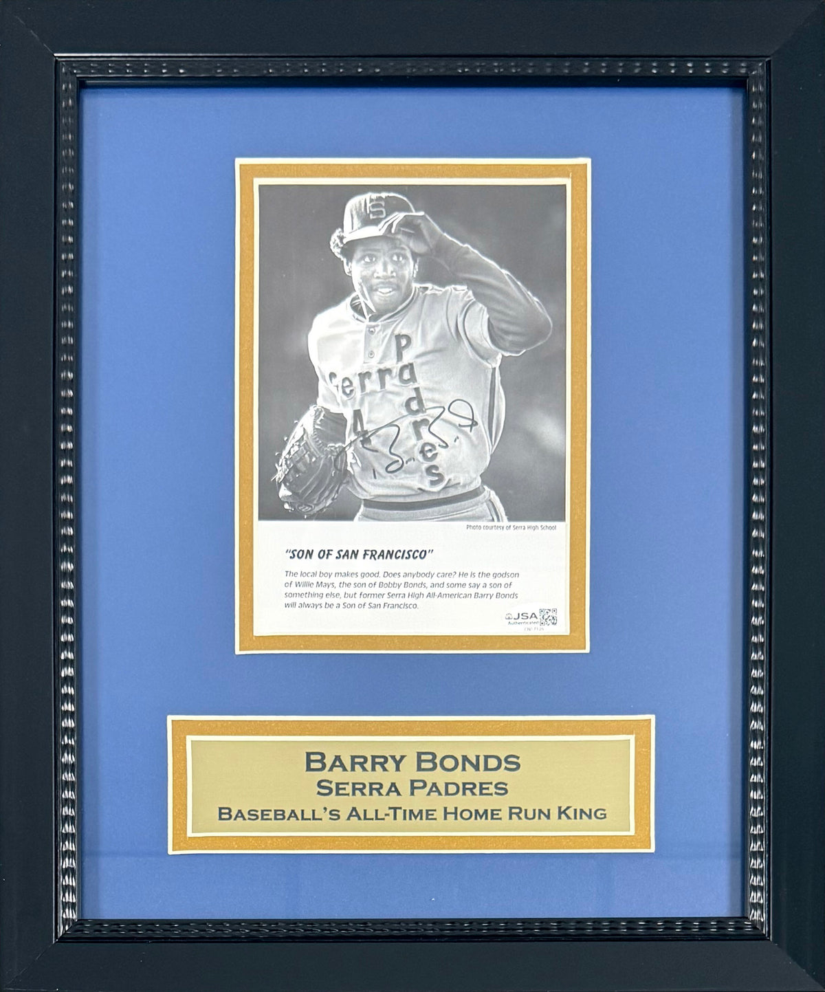 Barry Bonds Serra Padres Autographed 5x7 Photo Framed JSA