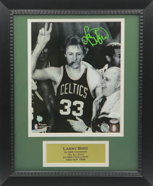 Larry Bird Autographed Boston Celtics Signed Basketball Cigar 8x10 Framed Photo With Red Auerbach JSA COA-Powers Sports Memorabilia