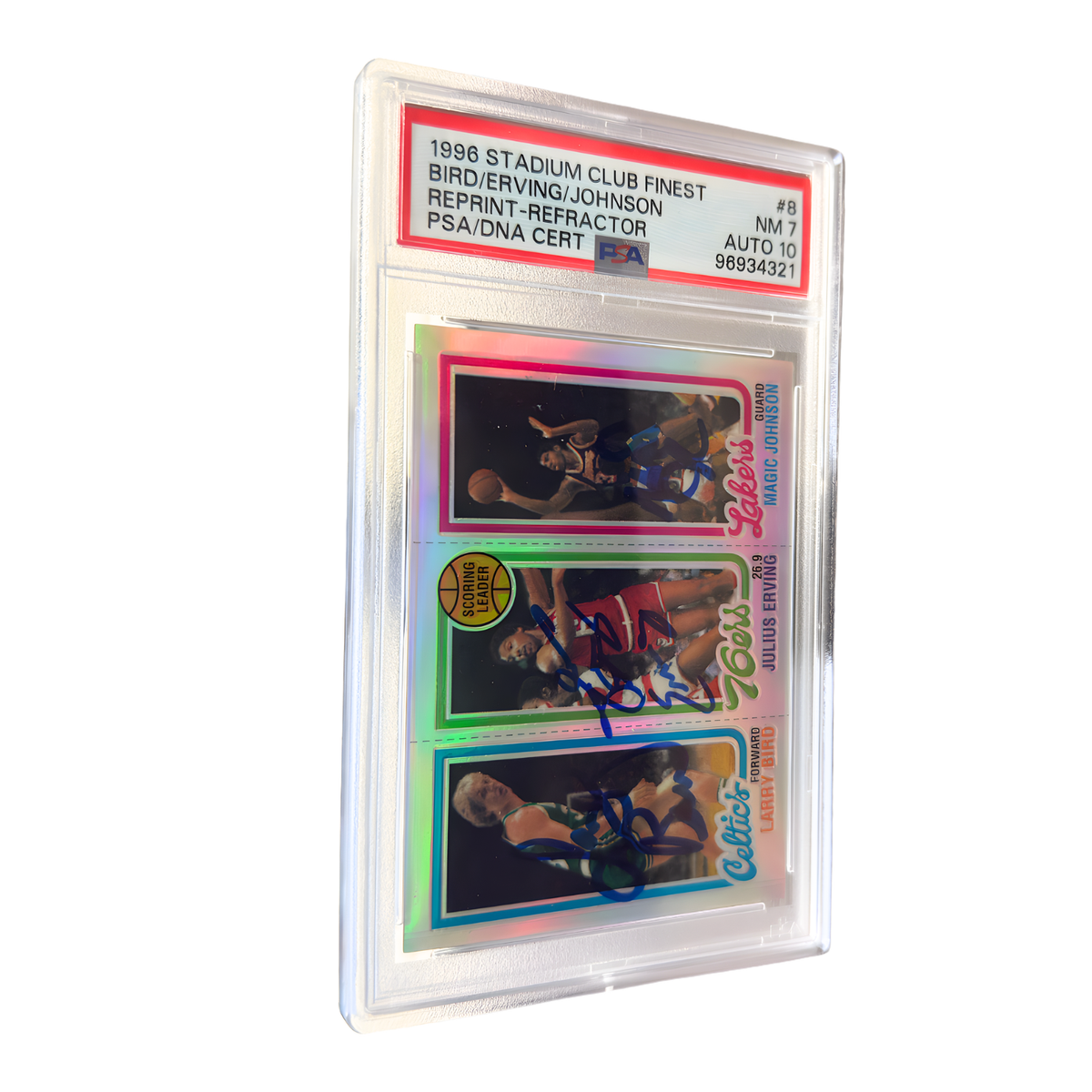 Larry Bird, Julius Erving & Magic Johnson Signed 1996 Topps Reprint Refractor Rookie Card - PSA NM-7 Auto 10-Powers Sports Memorabilia