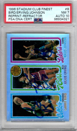 Larry Bird, Julius Erving & Magic Johnson Signed 1996 Topps Reprint Refractor Rookie Card - PSA NM-7 Auto 10-Powers Sports Memorabilia