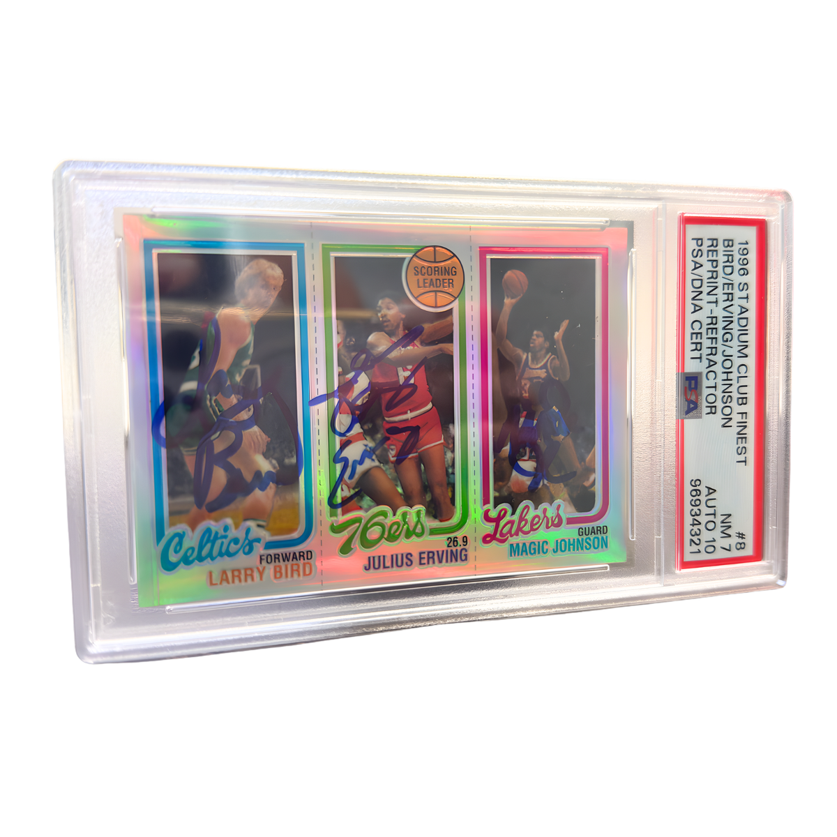 Larry Bird, Julius Erving & Magic Johnson Signed 1996 Topps Reprint Refractor Rookie Card - PSA NM-7 Auto 10-Powers Sports Memorabilia