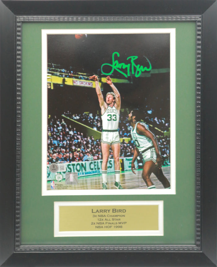 Larry Bird Autographed Boston Celtics Shooting Basketball Signed 8x10 Framed Photo Beckett COA-Powers Sports Memorabilia