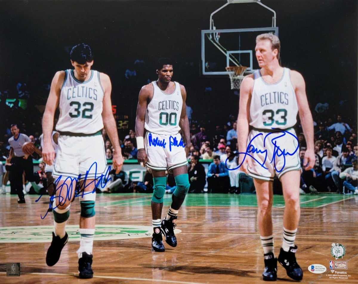 Larry Bird Kevin McHale Robert Parish Autographed Boston Celtics 16X20 Photo Beckett Witnessed Blue-Powers Sports Memorabilia
