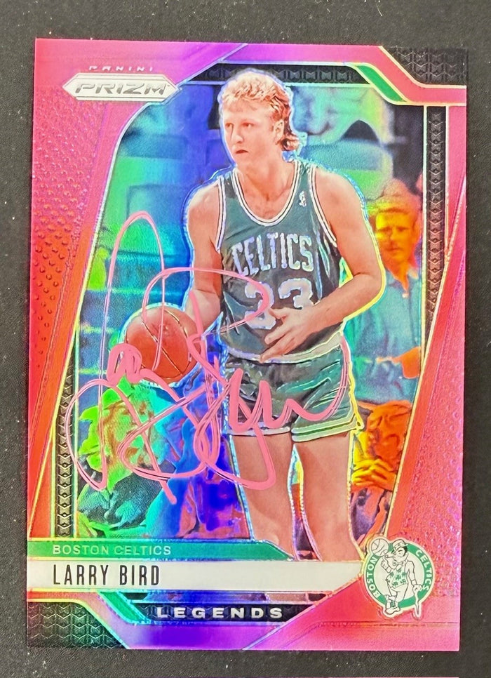 Larry Bird 2024-25 Panini Prizm Pink Signed Basketball Card #299 Auto 80/249 Beckett Witnessed Cert #4W070049-Powers Sports Memorabilia