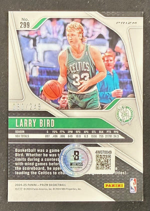 Larry Bird 2024-25 Panini Prizm Pink Signed Basketball Card #299 Auto 80/249 Beckett Witnessed Cert #4W070049-Powers Sports Memorabilia