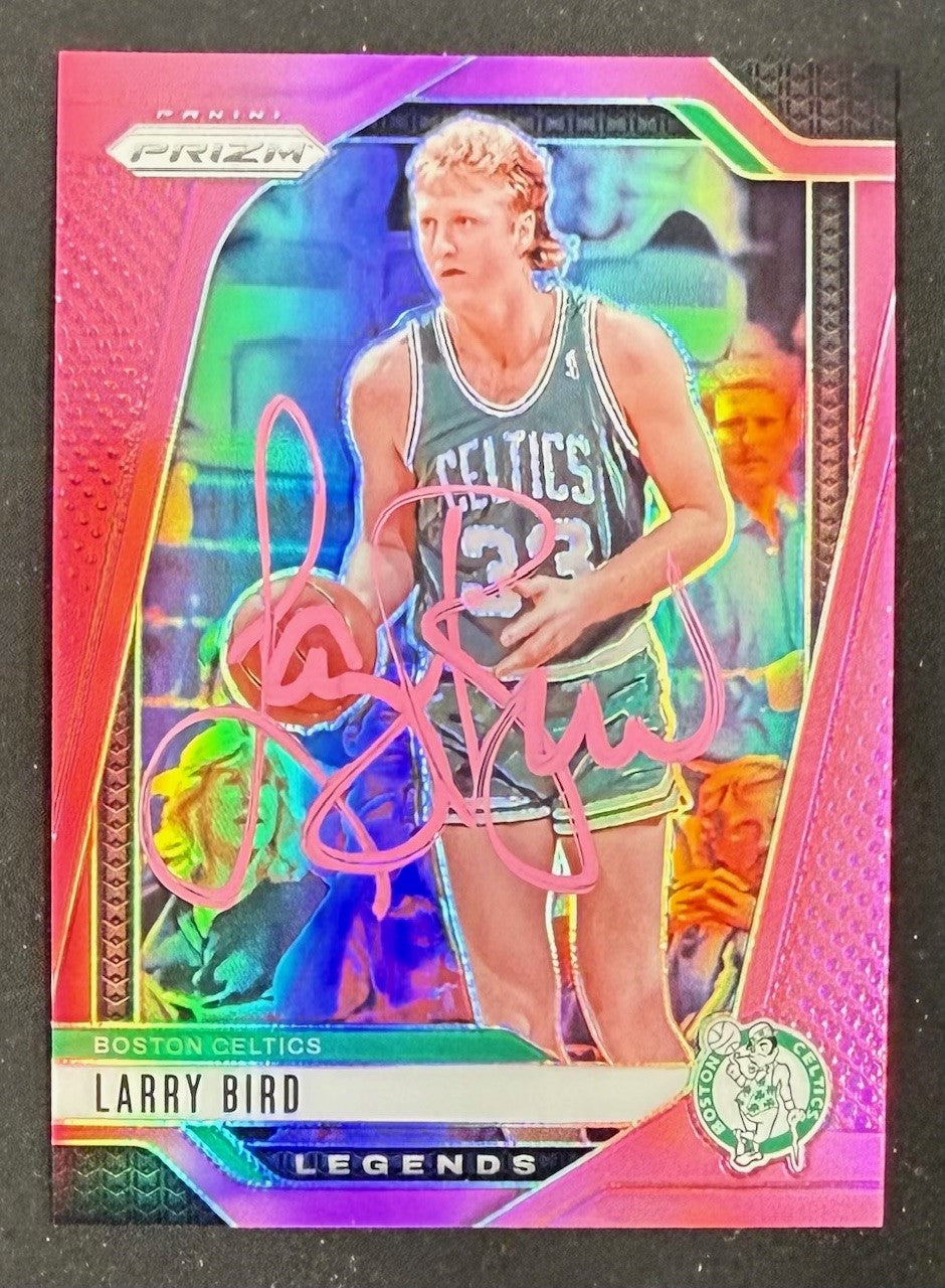 Larry Bird 2024-25 Panini Prizm Pink Signed Basketball Card #299 Auto 16/249 Beckett Witnessed Cert #4W070046-Powers Sports Memorabilia