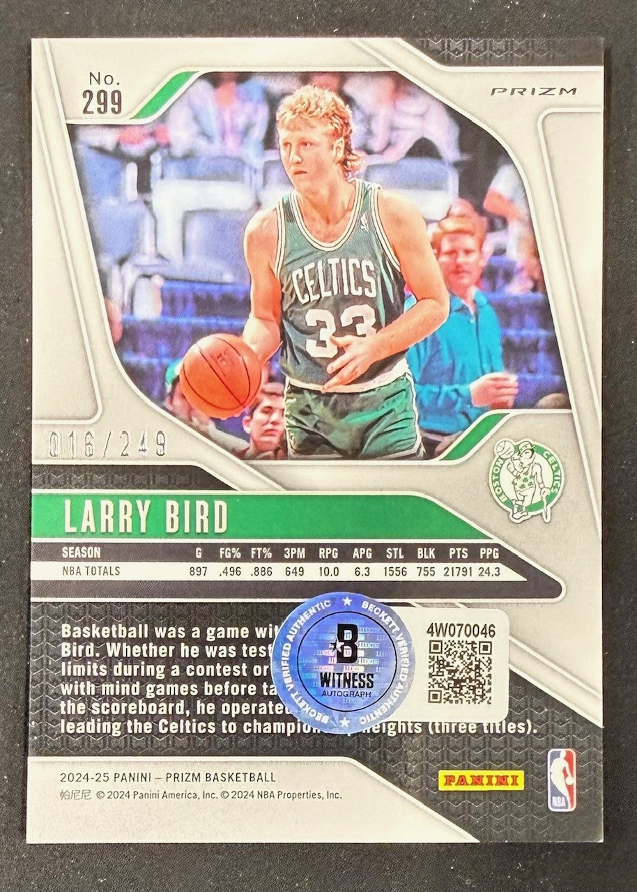 Larry Bird 2024-25 Panini Prizm Pink Signed Basketball Card #299 Auto 16/249 Beckett Witnessed Cert #4W070046-Powers Sports Memorabilia