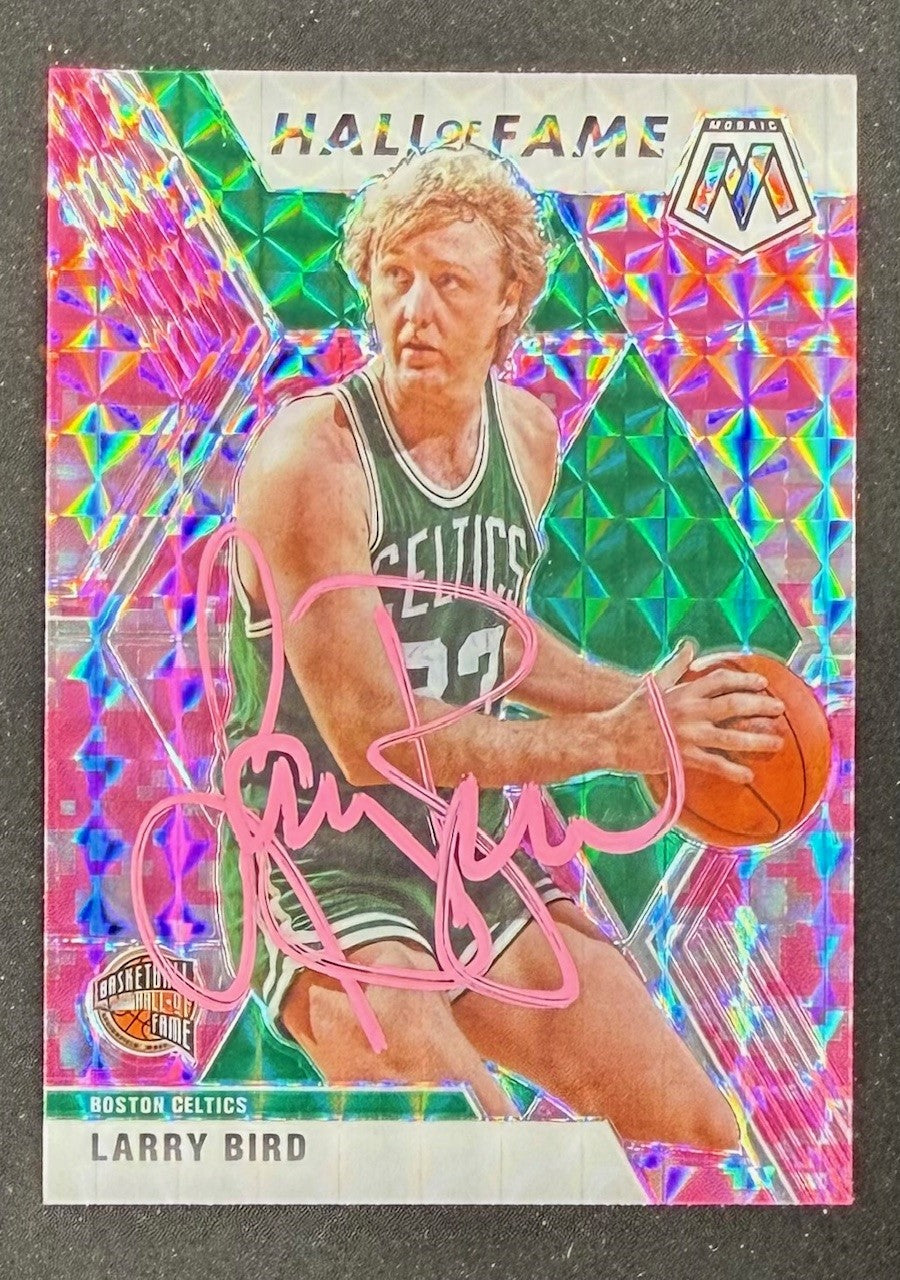 Larry Bird 2019-20 Panini Mosaic Camo Pink Signed Basketball Card Auto #290 Beckett Witnessed Cert #4W070047-Powers Sports Memorabilia