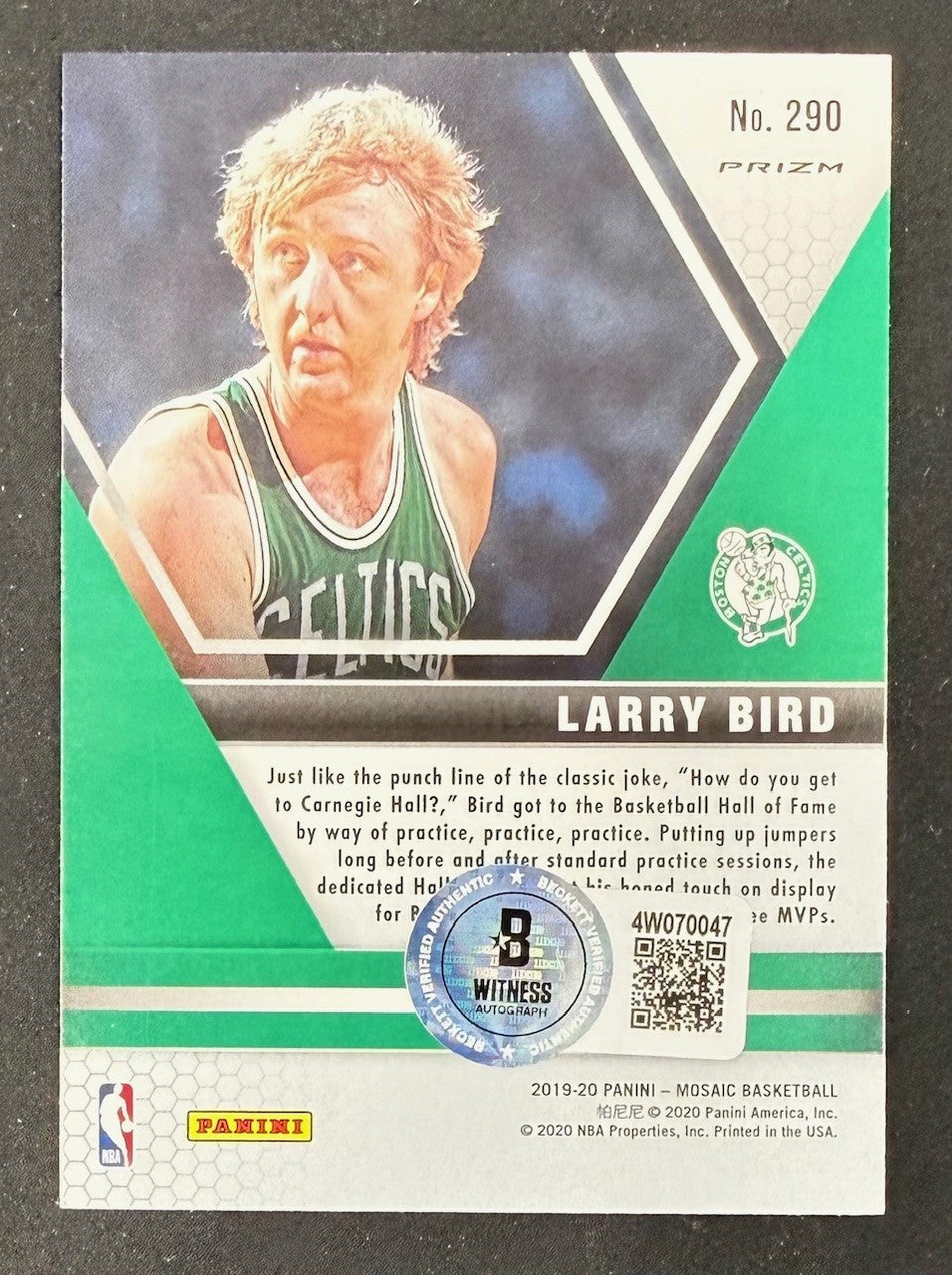 Larry Bird 2019-20 Panini Mosaic Camo Pink Signed Basketball Card Auto #290 Beckett Witnessed Cert #4W070047-Powers Sports Memorabilia