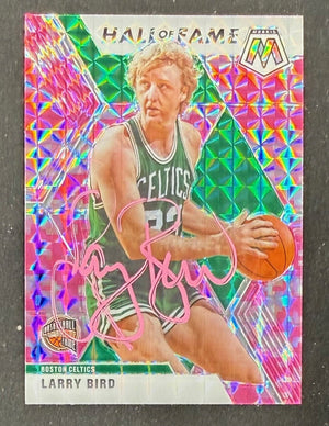 Larry Bird 2019-20 Panini Mosaic Camo Pink Signed Basketball Card Auto #290 Beckett Witnessed Cert #4W070048-Powers Sports Memorabilia