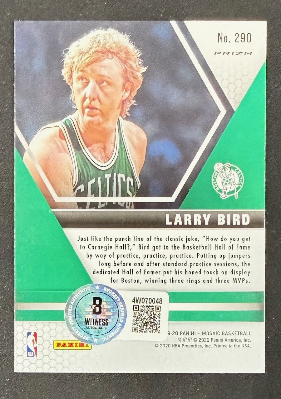 Larry Bird 2019-20 Panini Mosaic Camo Pink Signed Basketball Card Auto #290 Beckett Witnessed Cert #4W070048-Powers Sports Memorabilia
