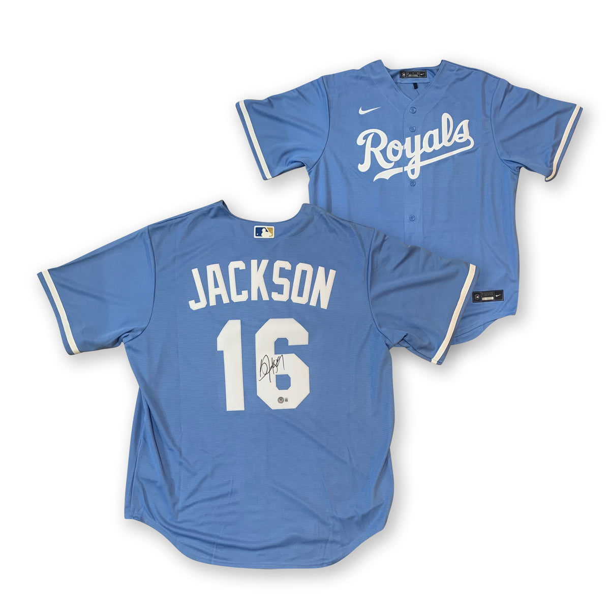 Bo Jackson Autographed Kansas City Royals Signed Nike Baseball Powder Blue Jersey Beckett COA-Powers Sports Memorabilia