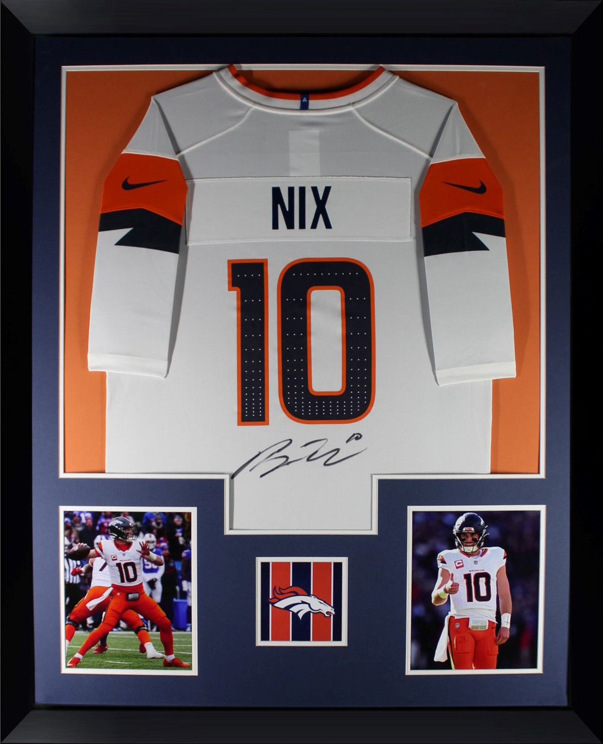 Bo Nix Autographed Denver Broncos Signed Nike Game White Football Framed Jersey Beckett COA