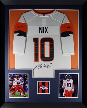 Bo Nix Autographed Denver Broncos Signed Nike Game White Football Framed Jersey Beckett COA