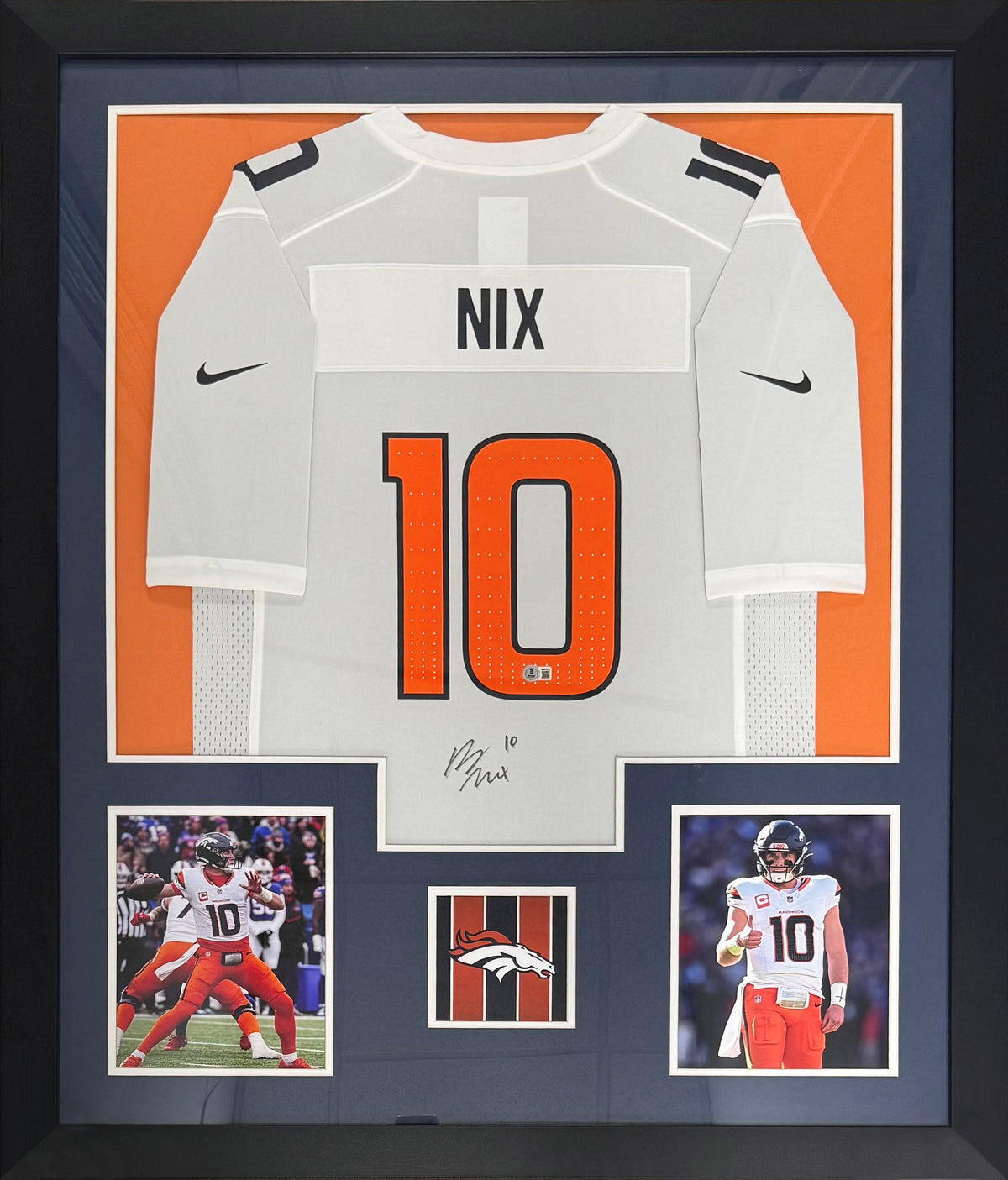 Bo Nix Autographed Denver Broncos Signed Nike Game White Football Framed Jersey Beckett Witness Authenticated COA-Powers Sports Memorabilia