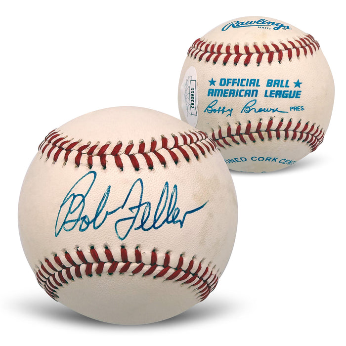 Bob Feller Autographed Cleveland Guardians Signed American League Baseball JSA COA With UV Display Case CE20911