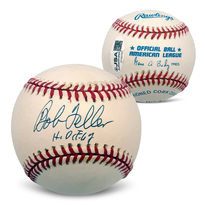 Bob Feller Autographed Cleveland Guardians Hall of Fame HOF 62 Signed American Baseball With UV Display Case JSA COA CI30107-Powers Sports Memorabilia