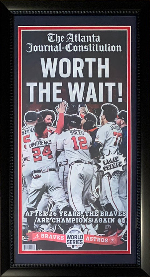 Atlanta Journal Constitution 2021 World Series Braves Baseball Original 14x26 Framed Newspaper WORTH THE WAIT!-Powers Sports Memorabilia