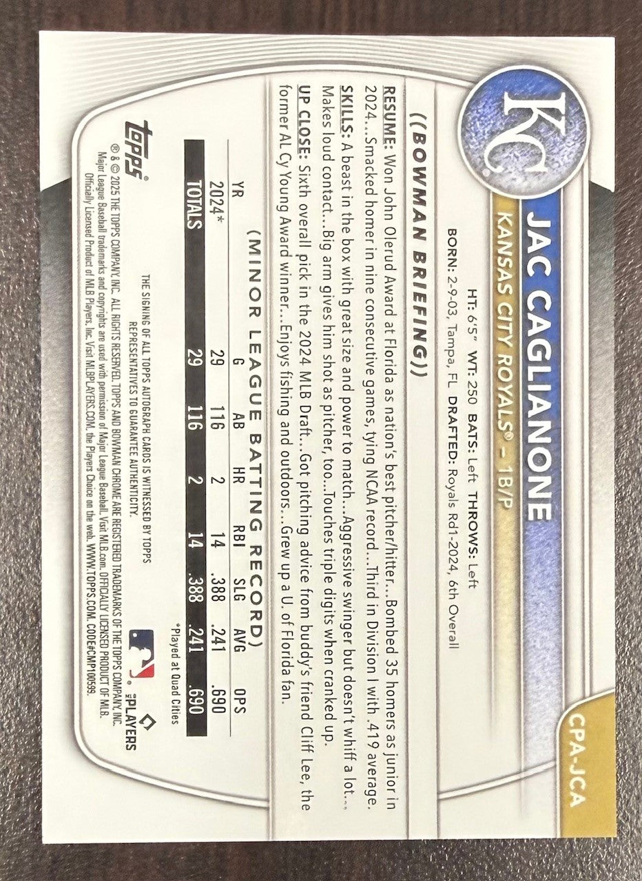 Jac Caglianone 2025 Bowman Chrome Prospects Signed Baseball Rookie Card #CPA-JCA Auto-Powers Sports Memorabilia