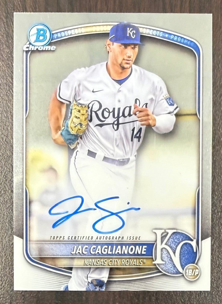 Jac Caglianone 2025 Bowman Chrome Prospects Signed Baseball Rookie Card #CPA-JCA Auto-Powers Sports Memorabilia