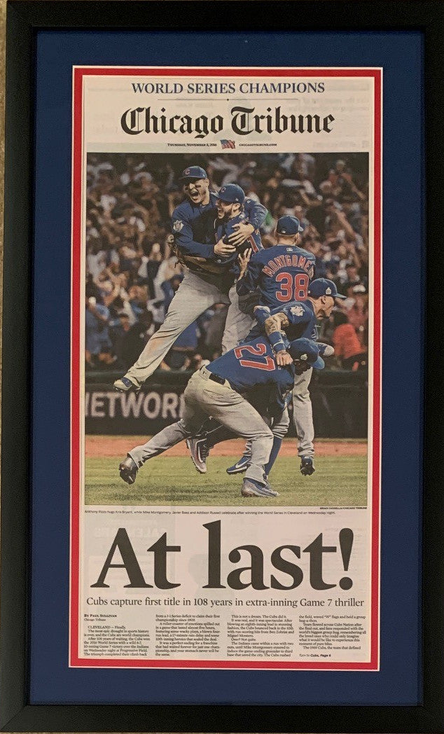 Chicago Cubs 2016 World Series Champions At Last Tribune Framed Newspaper Black Frame-Powers Sports Memorabilia