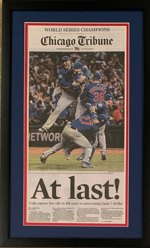 Chicago Cubs 2016 World Series Baseball Champions AT LAST Tribune Framed Newspaper BLACK FRAME ORIGINAL FRONT PAGE-Powers Sports Memorabilia