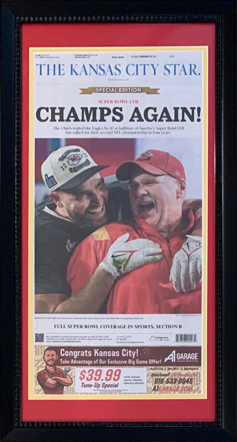 Kansas City Chiefs Super Bowl 57 LVII Champions Original Front Page KC Star 14x26 Framed Newspaper With Travis Kelce Andy Reid 2/14/23 CHAMPS-Powers Sports Memorabilia
