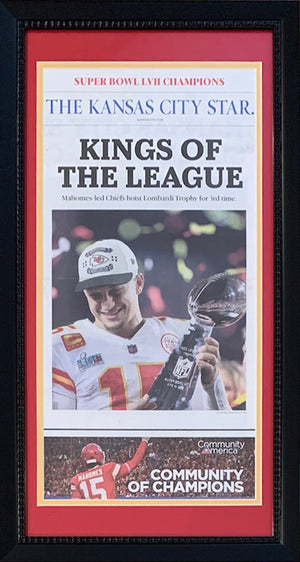 Kansas City Chiefs Super Bowl 57 LVII Champions Original Front Page KC Star 14x26 Framed Newspaper With Patrick Mahomes 2/14/23 KINGS OF THE LEAGUE-Powers Sports Memorabilia