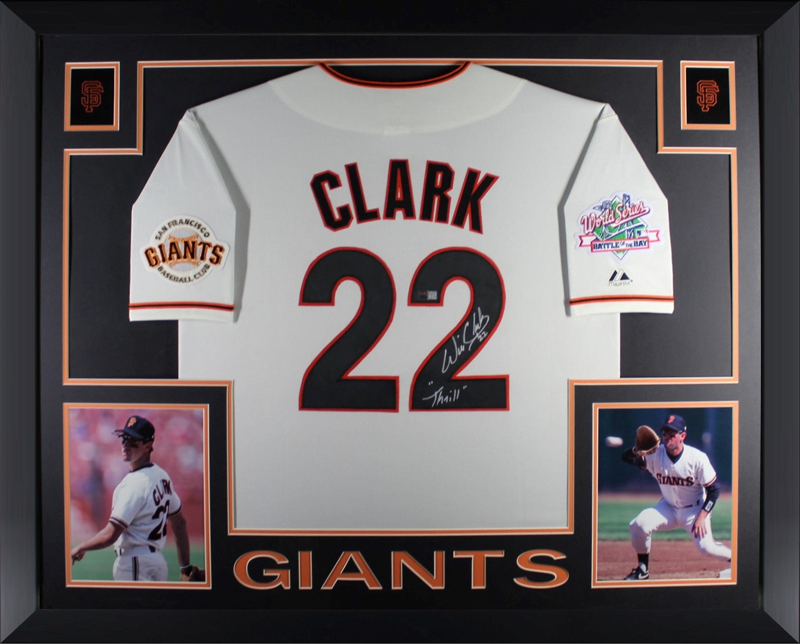Will Clark Autographed San Francisco Giants 1989 World Series Signed Majestic White Baseball Framed Jersey THRILL Inscription TRISTAR Authenticated