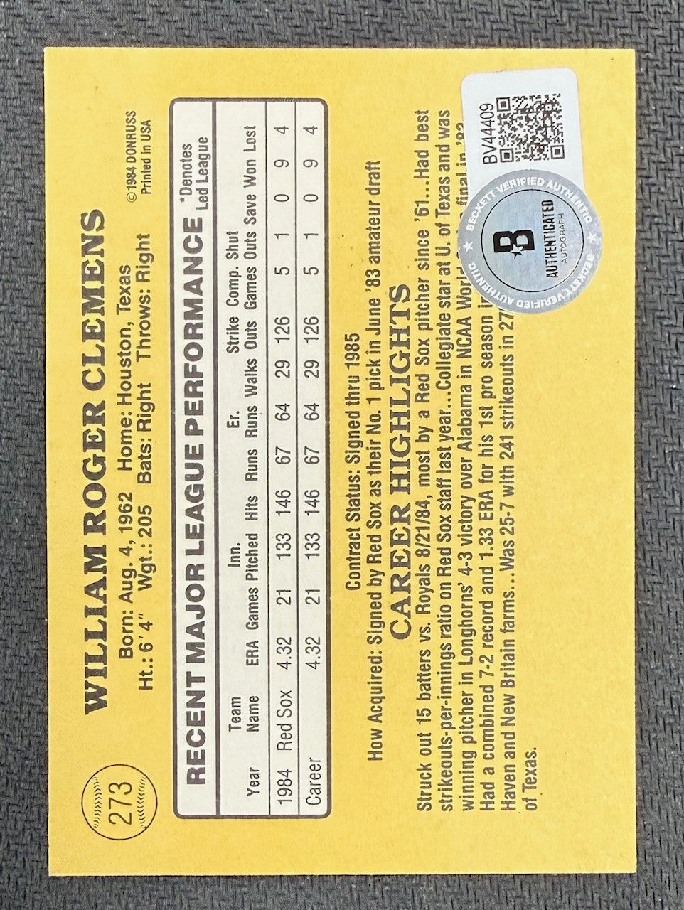 Roger Clemens 1985 Donruss Signed Baseball Rookie Card #273 Beckett Authenticated-Powers Sports Memorabilia