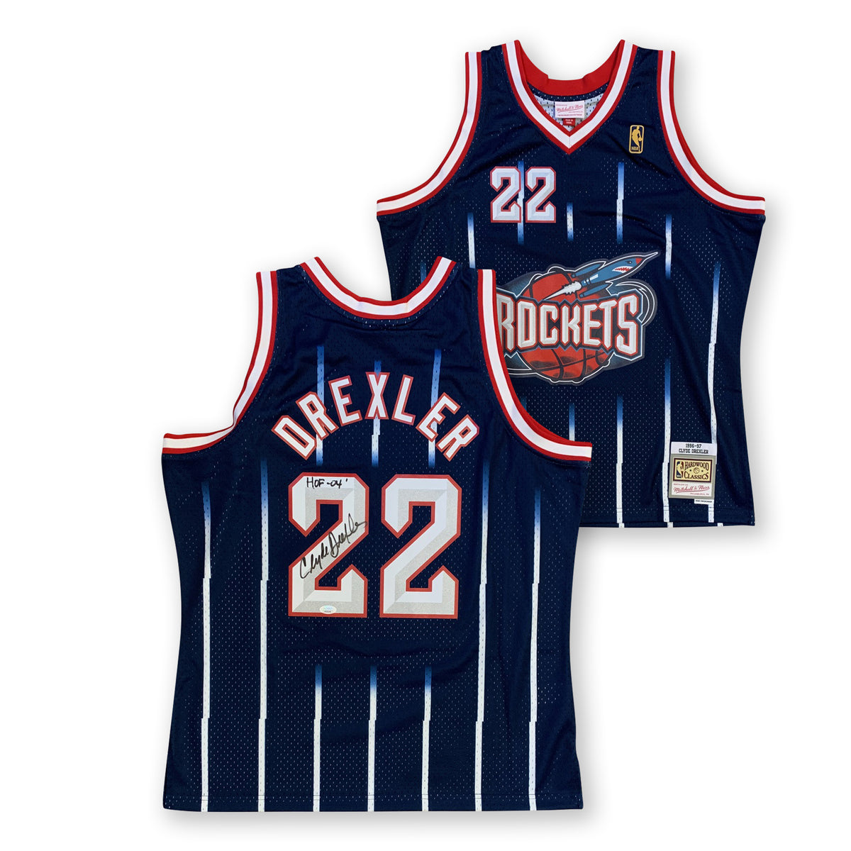 Clyde Drexler Autographed Houston Rockets Mitchell & Ness Swingman Signed Basketball Jersey HOF 2004 JSA COA-Powers Sports Memorabilia