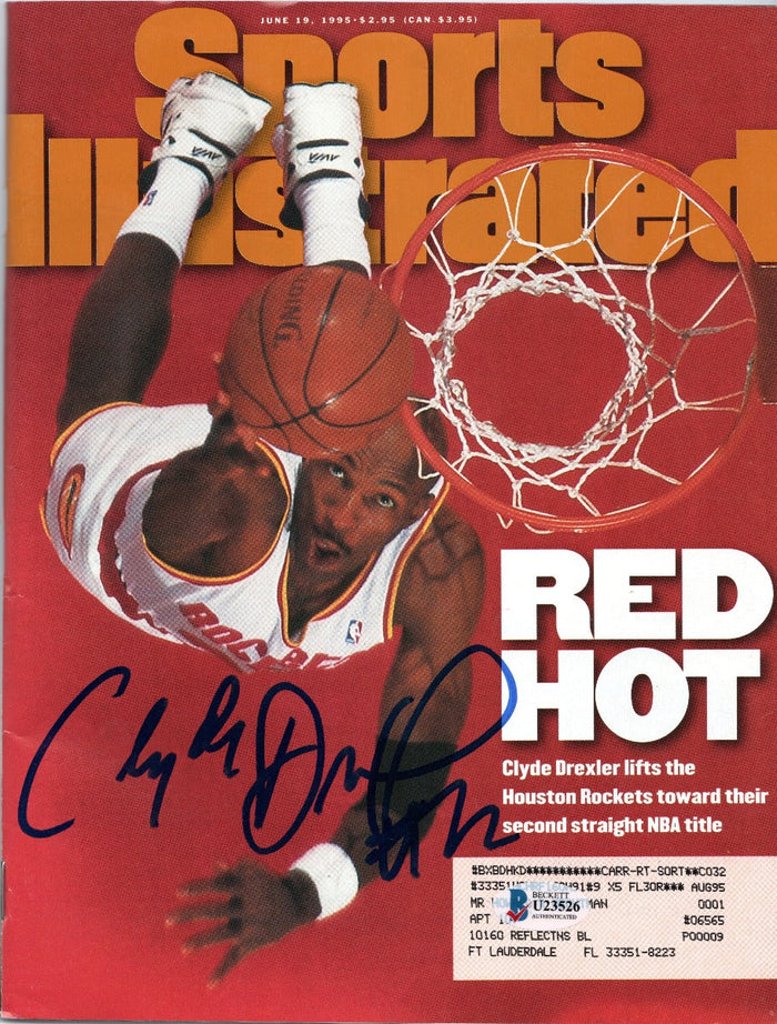 Clyde Drexler Signed Houston Rockets Sports Illustrated 6/19/95 - Beckett-Powers Sports Memorabilia