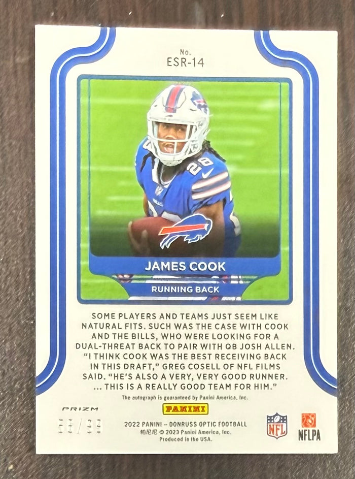 James Cook 2022 Donruss Optic Elite Series Rookies Buffalo Bills Signed Football RC Rookie Card #ESR-14 Auto 56/99-Powers Sports Memorabilia