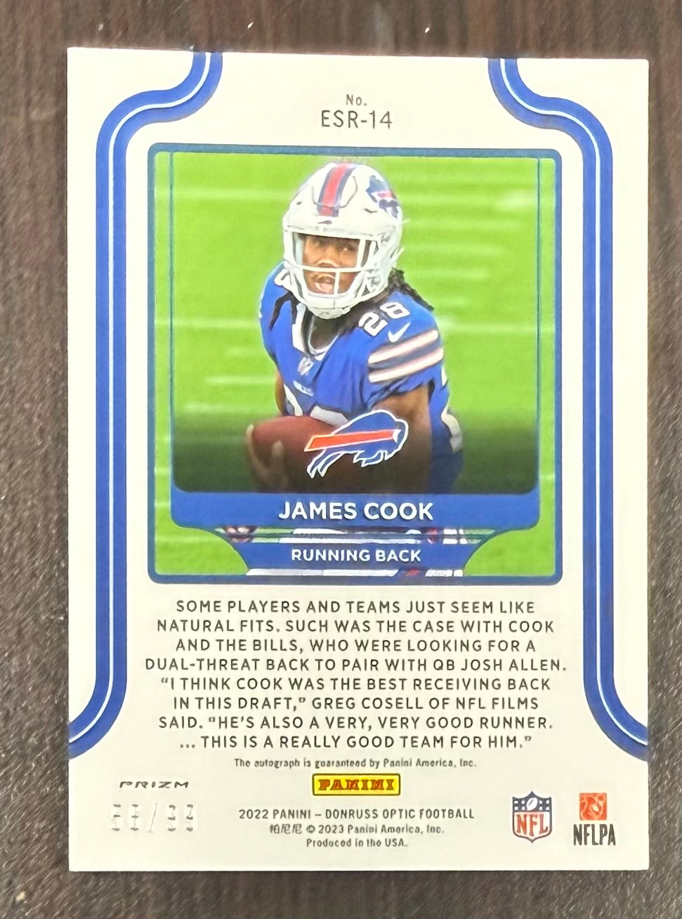 James Cook 2022 Donruss Optic Elite Series Rookies Buffalo Bills Signed Football RC Rookie Card #ESR-14 Auto 56/99