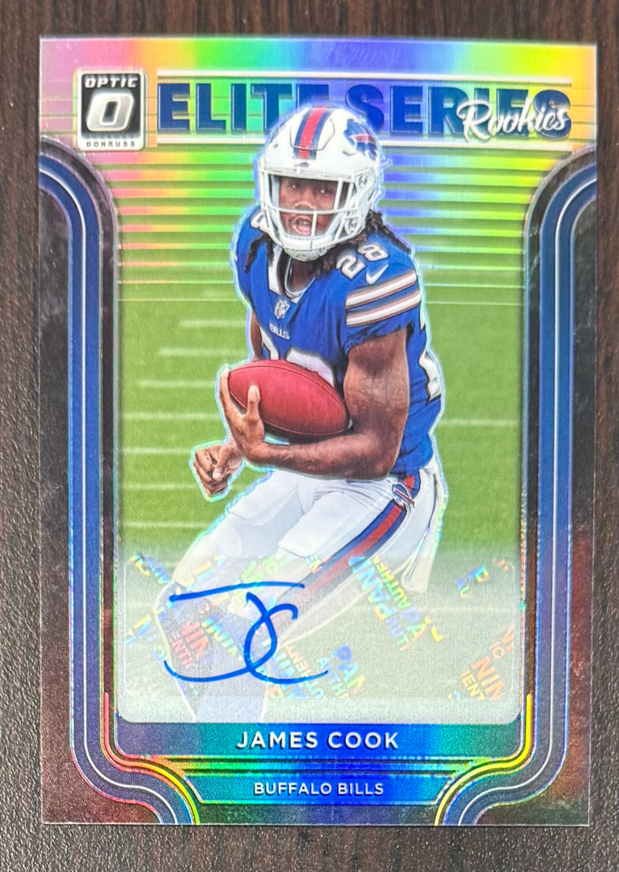 James Cook 2022 Donruss Optic Elite Series Rookies Buffalo Bills Signed Football RC Rookie Card #ESR-14 Auto 56/99-Powers Sports Memorabilia