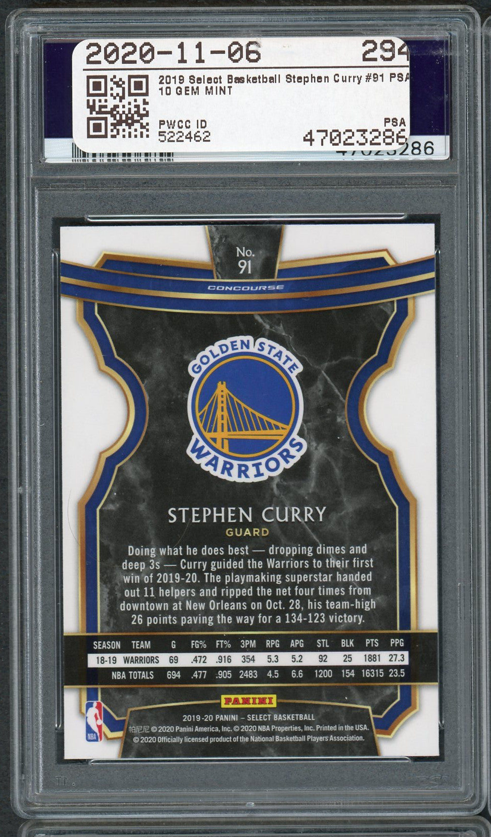 Stephen Curry 2019 Panini Select Basketball Card #91 Graded PSA 10 GEM MINT-Powers Sports Memorabilia