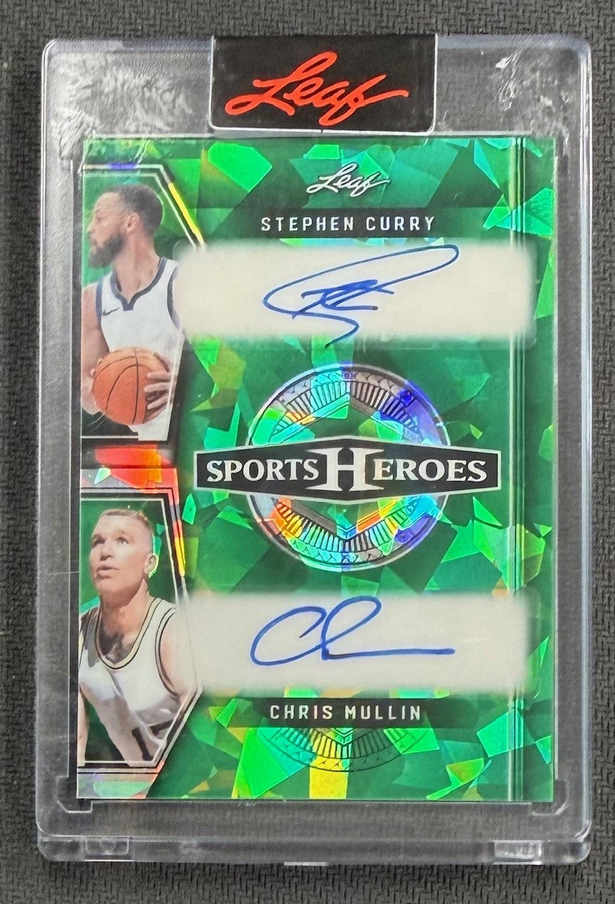 Stephen Curry Chris Mullin 2025 Leaf Sports Heroes Green Ice Signed Basketball Card #H2-18 Auto 1/7-Powers Sports Memorabilia
