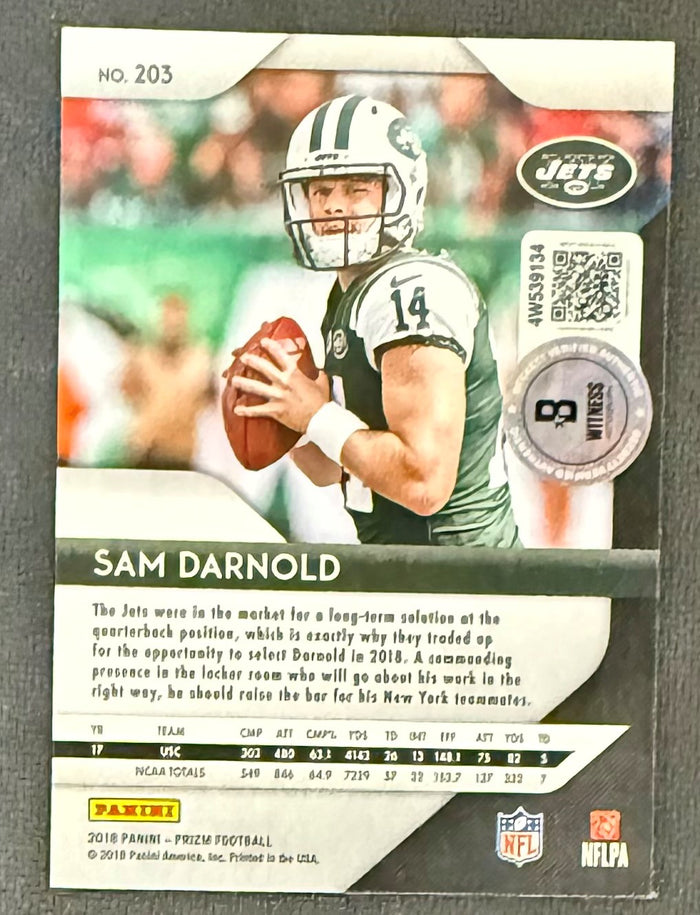 Sam Darnold 2018 Panini Prizm Signed Football Rookie Card #203 Auto Beckett Witness Cert #4W539134-Powers Sports Memorabilia
