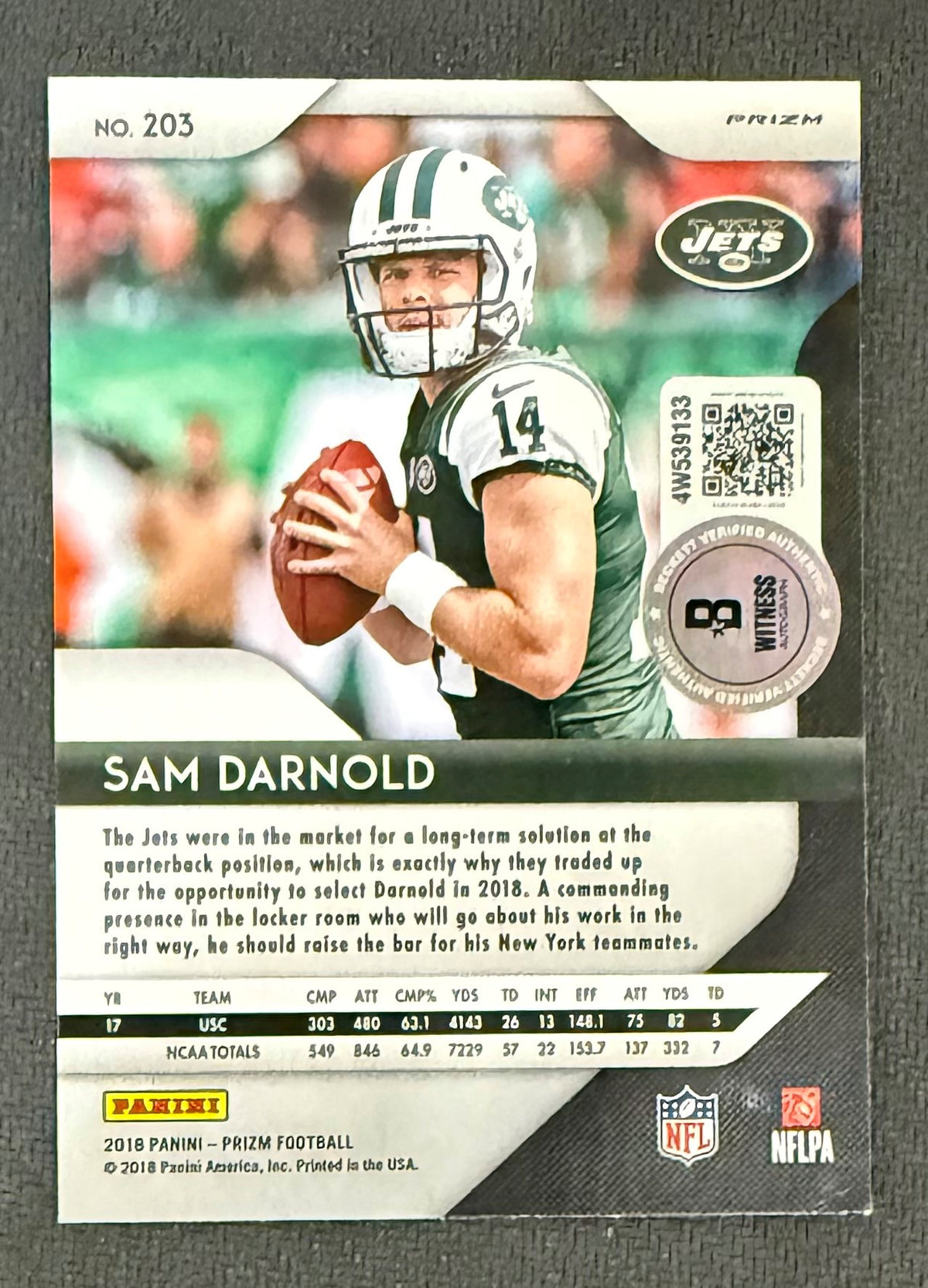 Sam Darnold 2018 Panini Prizm Green Signed Football Rookie Card #203 Auto Beckett Witness Cert #4W539133-Powers Sports Memorabilia
